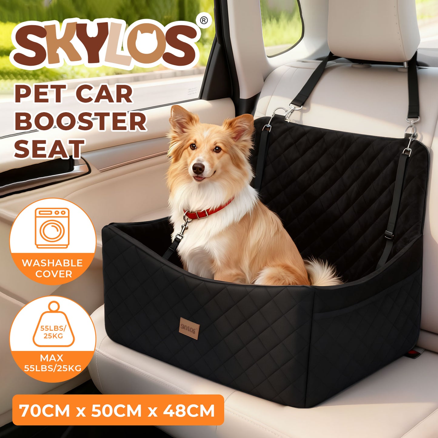 Skylos Dog Booster Car Seat Travel Carrier Bed Basket for Pet up to 55lbs Black