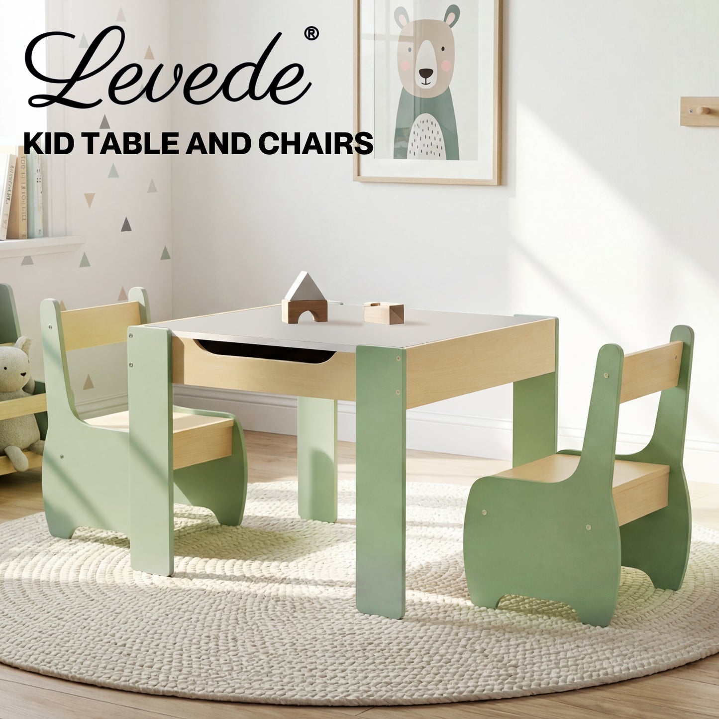 Levede Kids Table and Chair Sets 3-in-1 Study Toy Storage MDF Safe Design Green