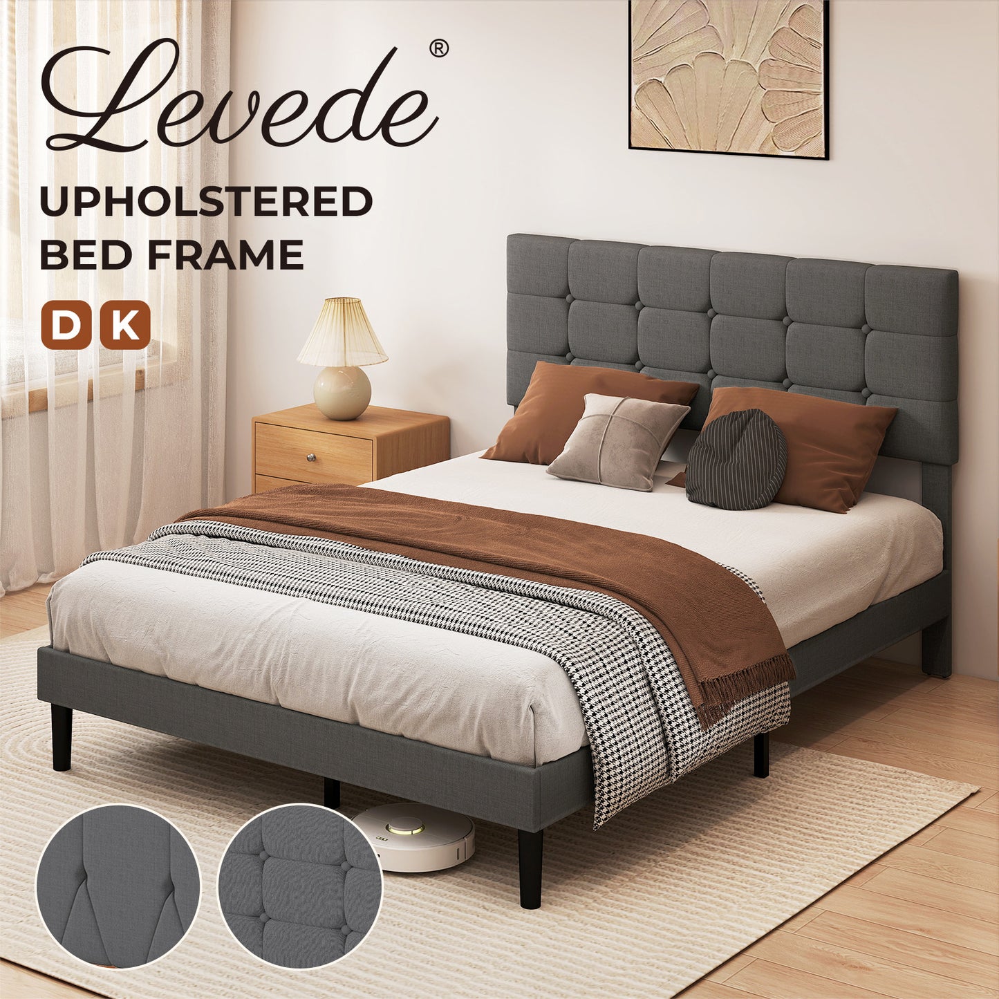 Levede Upholstered Bed Frame Linen Fabric with Tufted Headboard Double King