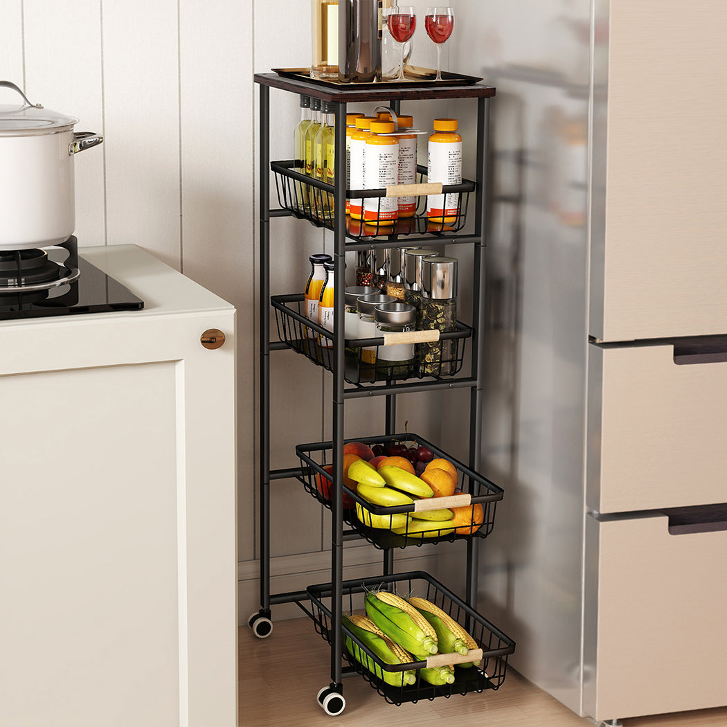 Levede 5 Tier Kitchen Trolley Storage Rack Cart Rolling Trolley Wheels Handle