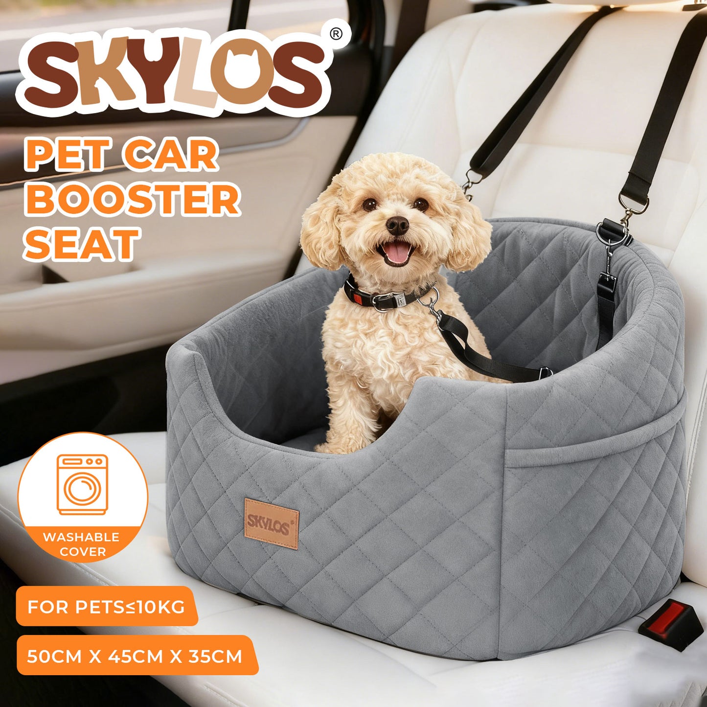 Skylos Dog Booster Car Seat Safe Puppy Travel Carrier Bed Bag Basket Pet Grey