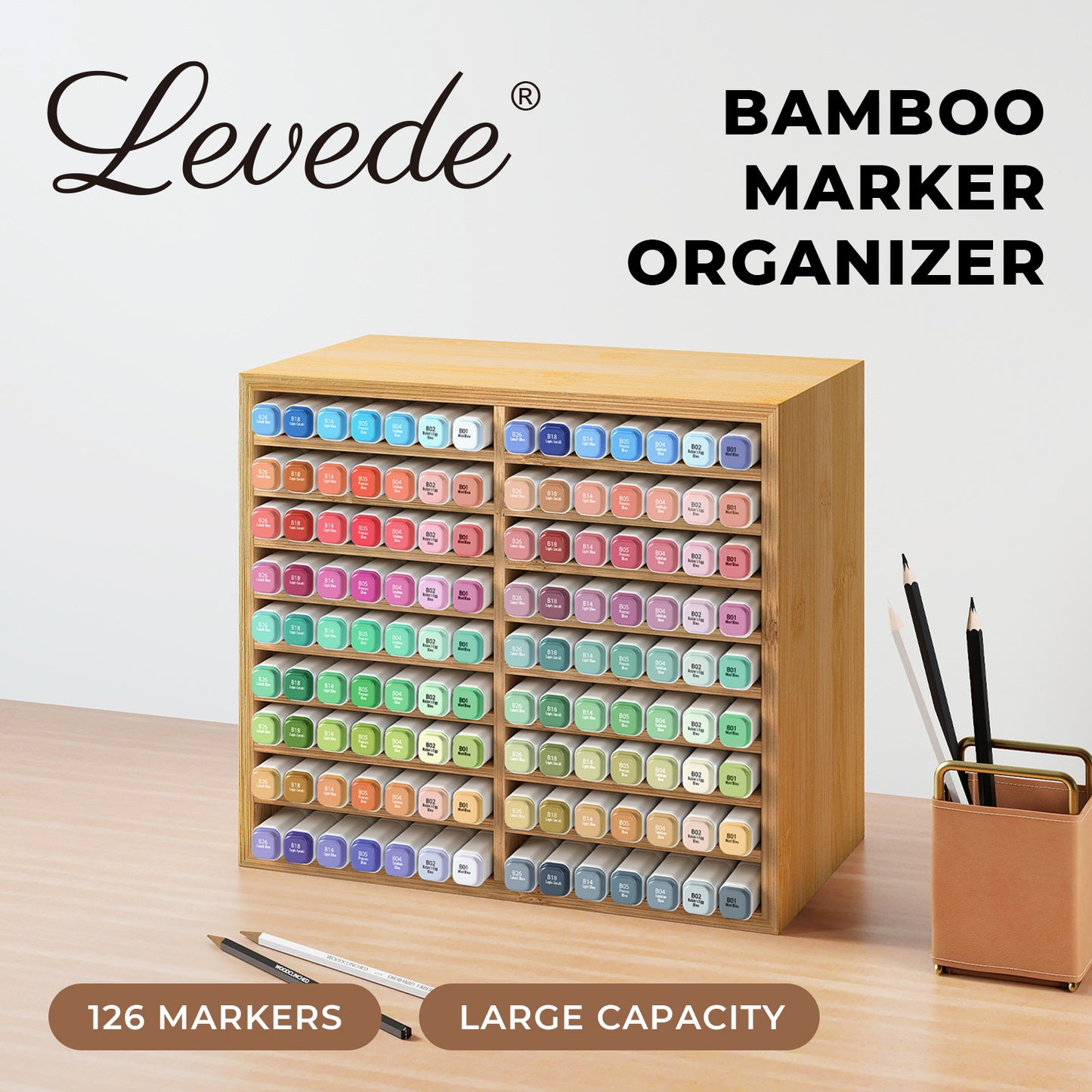 Levede Marker Pen Storage Bamboo 18 Compartment Desk Organiser Craft Stationary