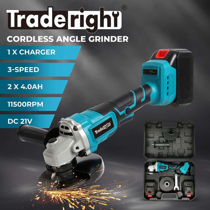 Traderight 125mm Electric Cordless Brushless Angle Grinder 21V 2x4.0Ah Battery