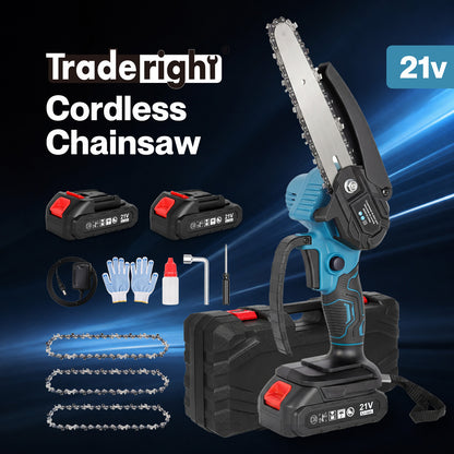 Traderight Mini Chainsaw Cordless 6In and 8In Dual Bar Garden Pruning Black Blue
