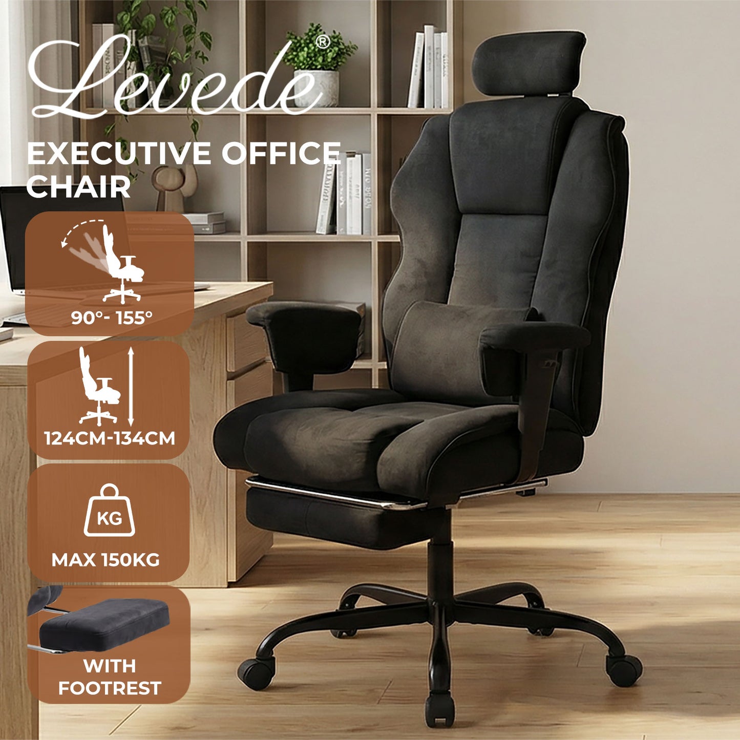 Executive Ergonomic Office Chair Suede Fabric Wide Seat 155° Recline Footrest