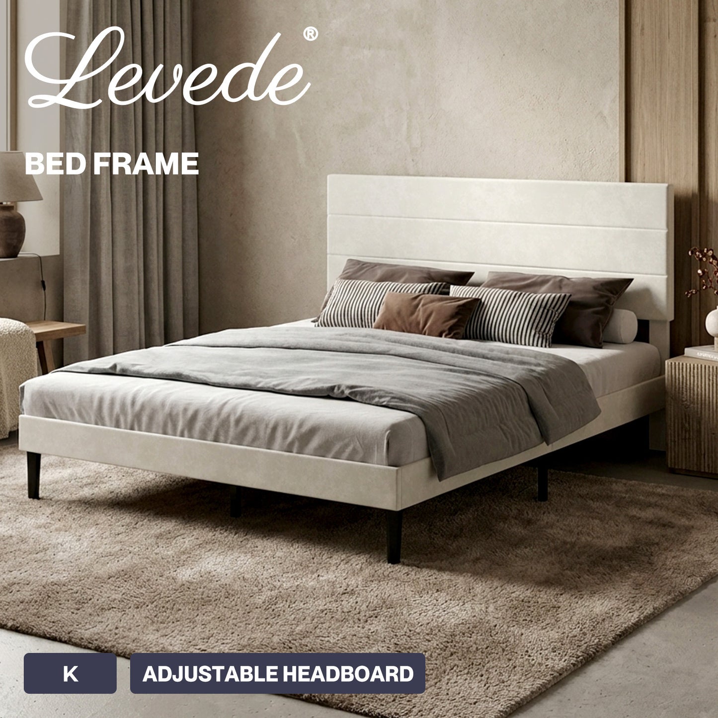 Levede King Bed Frame Upholstered Headboard Platform Velvet Foam White Fabric