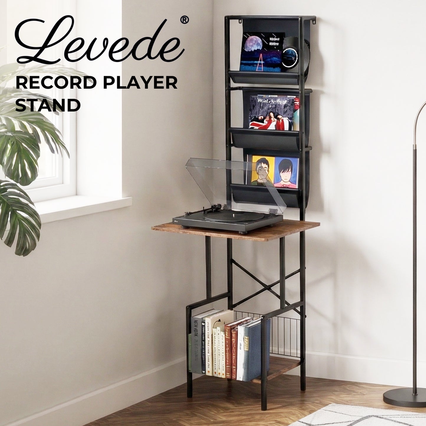 Levede Record Stand Player Display Storage Shelf Cabinet 2 Shelves 3 Racks