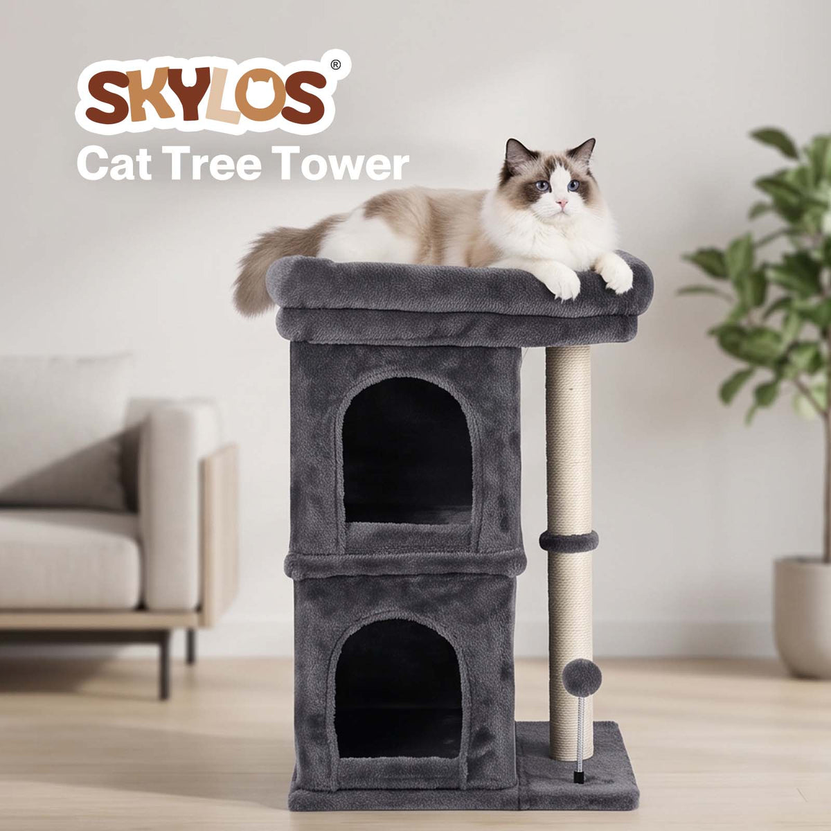 Skylos Cat Tree with Scratching Sisal Post Large Top Perch 2 Condos Dark Grey