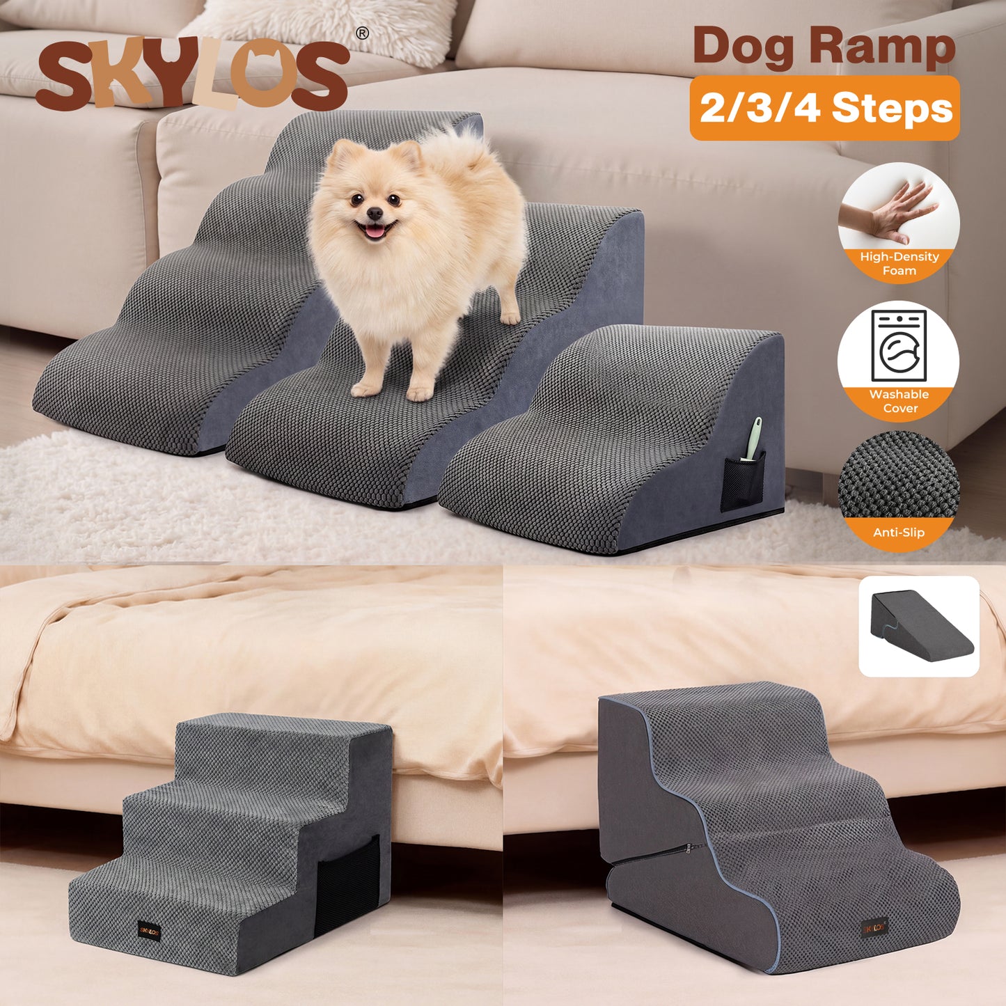 Skylos Dog Ramp Anti-Slip Washable Cover Pet Stairs Ladder Foam for Sofa Bed