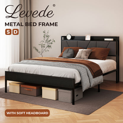 Levede Bed Frame Metal Platform Upholstered Headboard with Storage Single Double