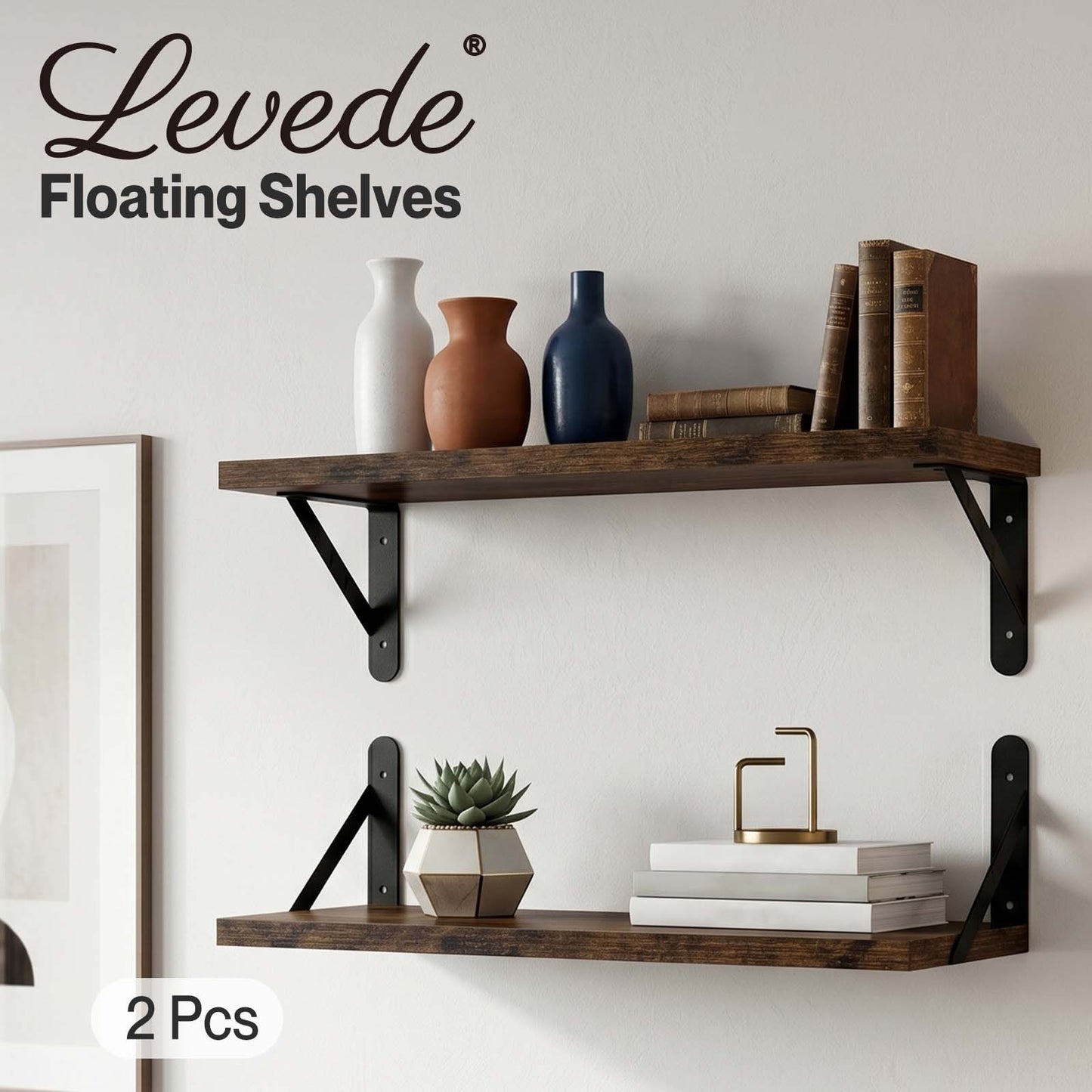 Levede Floating Shelves Wall Mounted Shelf Set of 2 Rustic Storage Shelves 39cm