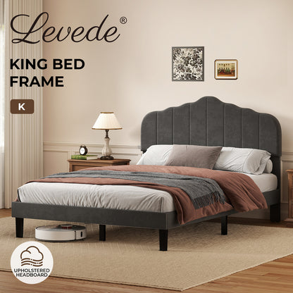 Levede King Upholstered Bed Frame Linen Fabric Platform Base Scalloped Headboard