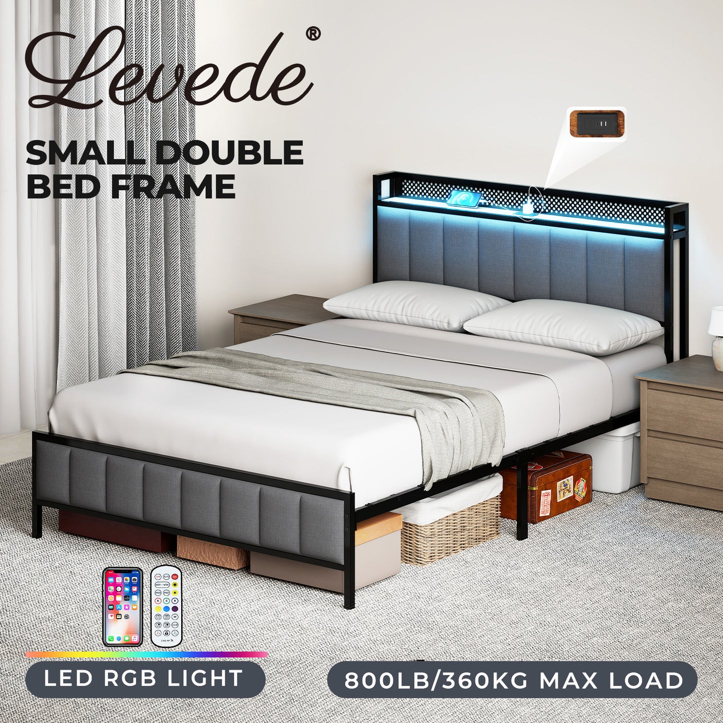 Levede Small Double Bed Frame Metal Platform LED Headboard Charging Station Grey
