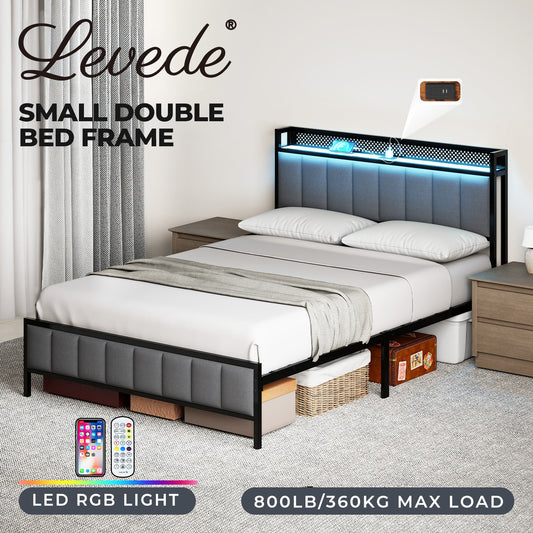 Levede Small Double Bed Frame Metal Platform LED Headboard Charging Station Grey