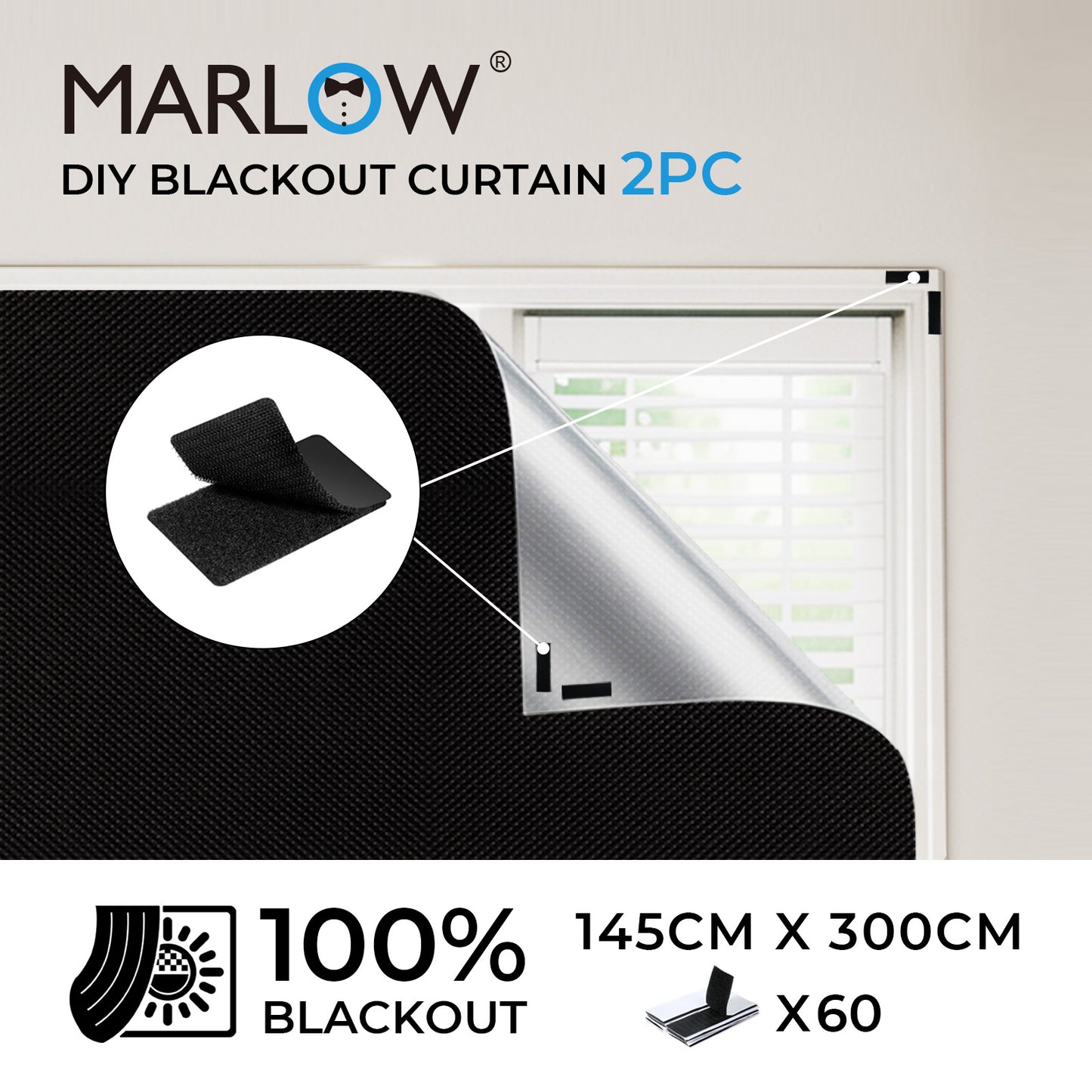 Marlow 2PC Blackout Blinds Stick On 100% Blockout Curtain for Window Shades Film