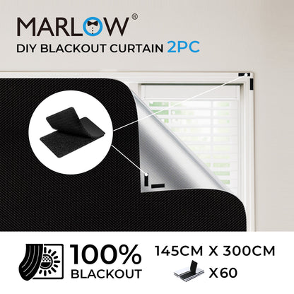 Marlow 2PC Blackout Blinds Stick On 100% Blockout Curtain for Window Shades Film