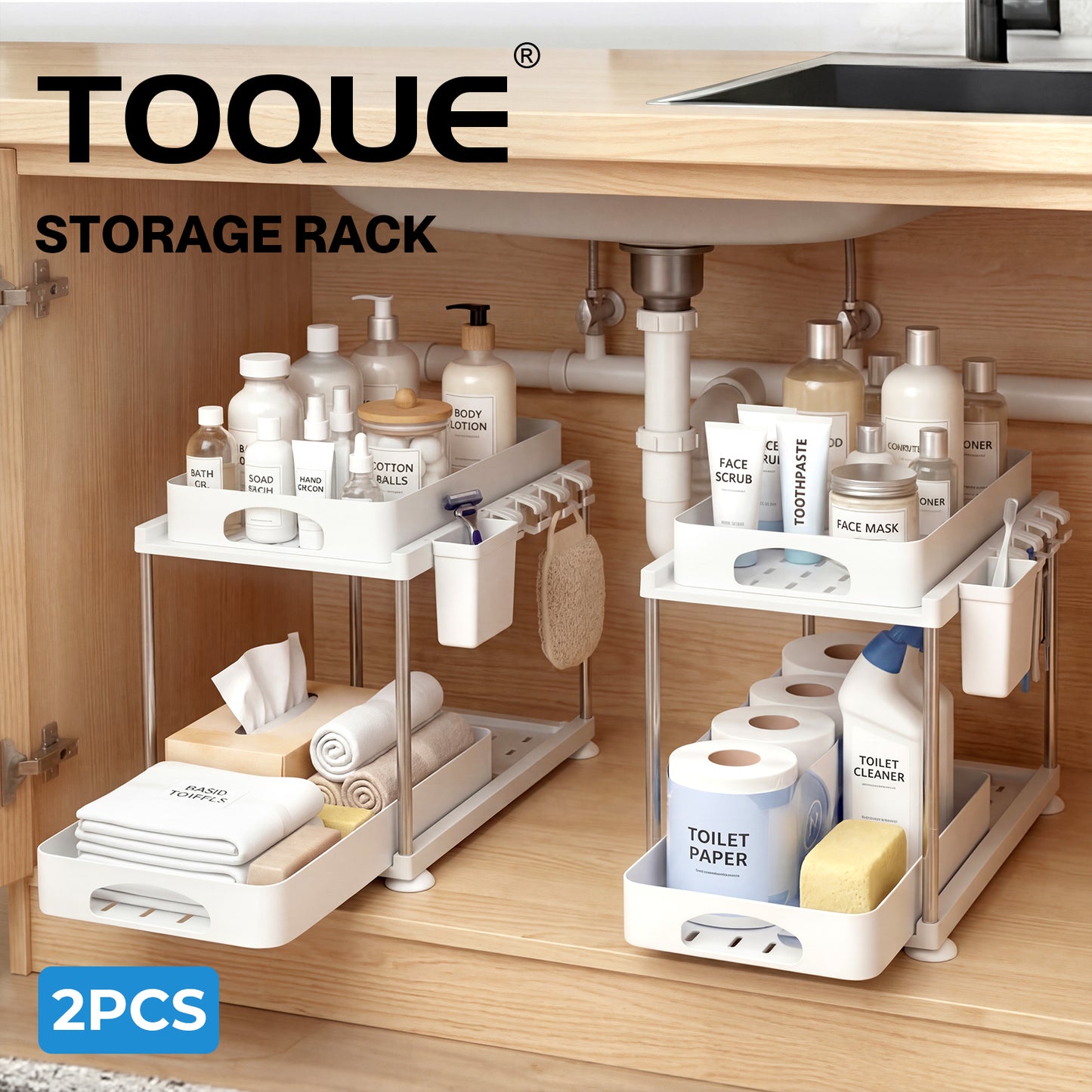 Toque Under Sink Organiser Two Slide-Out Drawers Kitchen Storage 2pcs White