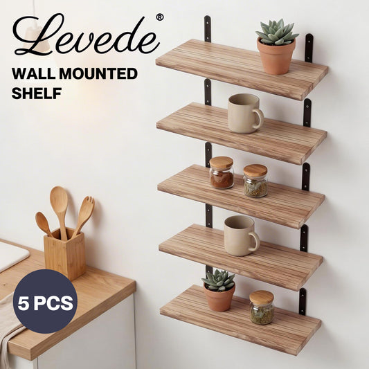 Levede Floating Shelves Wood Wall Mounted Shelf Rustic Set of 5 Light Brown