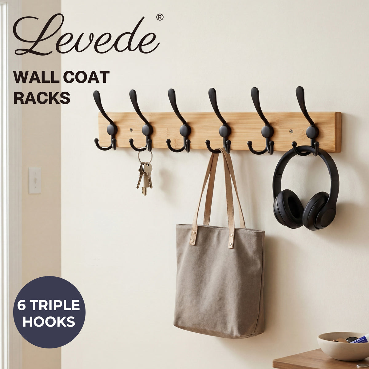 Levede Coat Rack Wall Mounted 6 Triple Hooks Holds Coats & Bags  Hallway Bamboo
