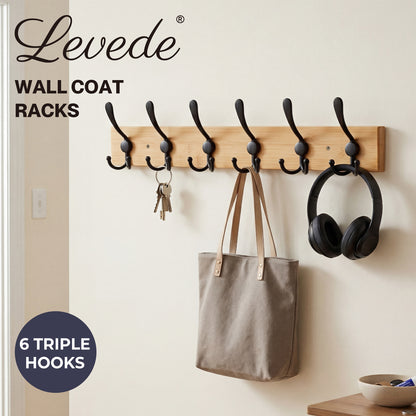 Levede Coat Rack Wall Mounted 6 Triple Hooks Holds Coats & Bags  Hallway Bamboo