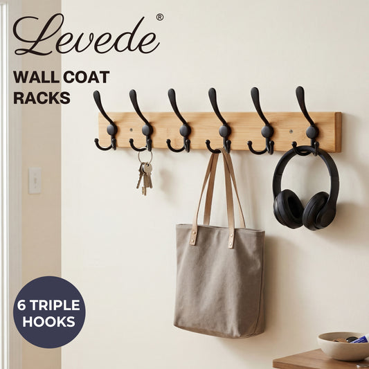 Levede Coat Rack Wall Mounted 6 Triple Hooks Holds Coats & Bags  Hallway Bamboo