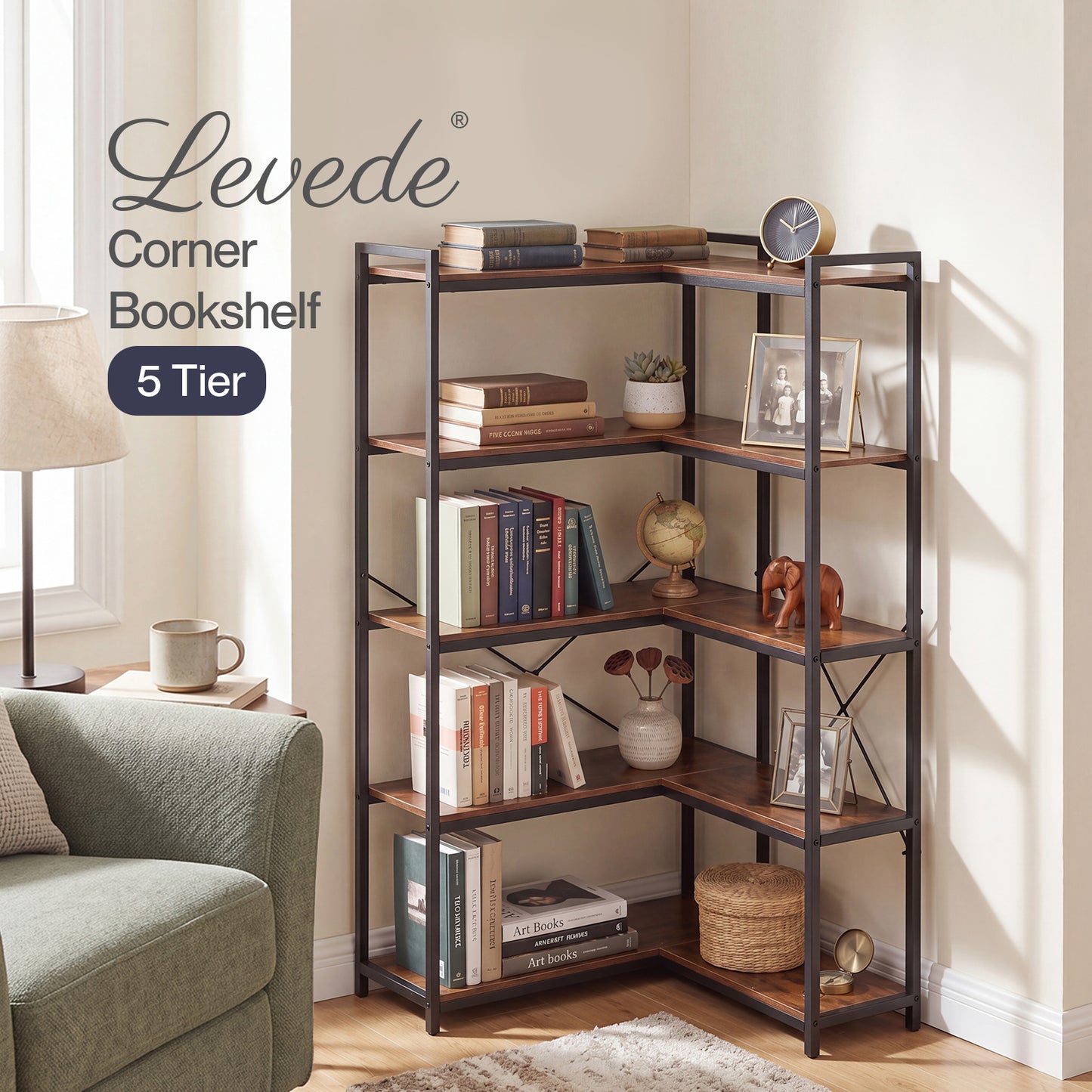 Levede Corner Bookcase 5-Tier L-Shaped Bookshelf Space-Saving Spice Walnut Black Metal