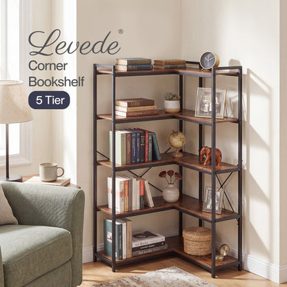 Levede Corner Bookcase 5-Tier L-Shaped Bookshelf Space-Saving Spice Walnut Black Metal