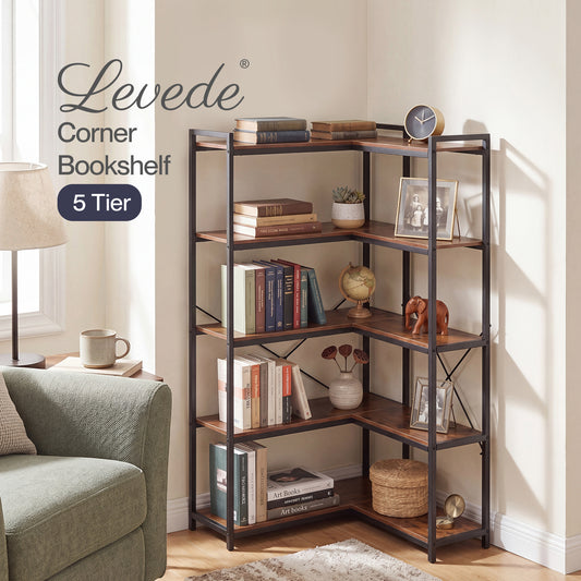 Levede Corner Bookcase 5-Tier L-Shaped Bookshelf Space-Saving Spice Walnut Black Metal