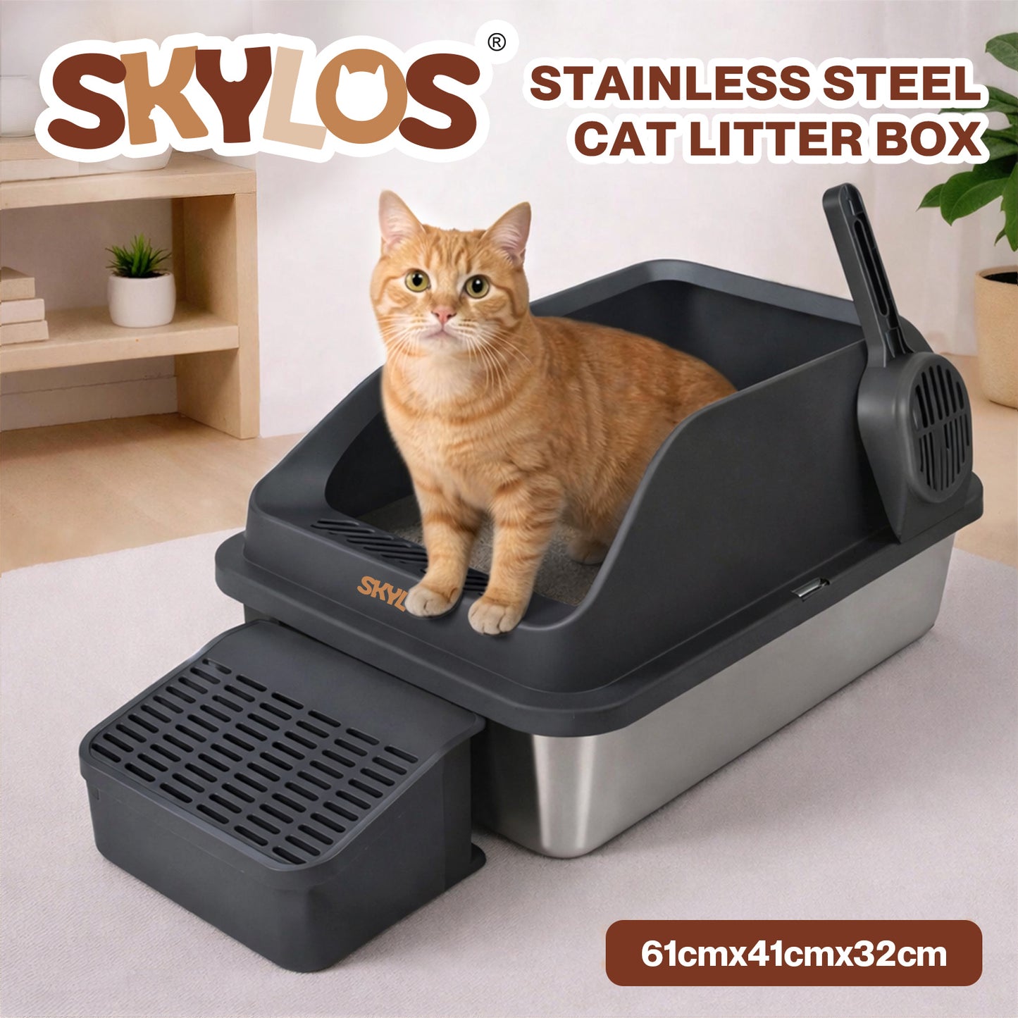 Skylos Stainless Steel Cat Litter Box Big Cats Kitten High Sided Easy Clean Grey