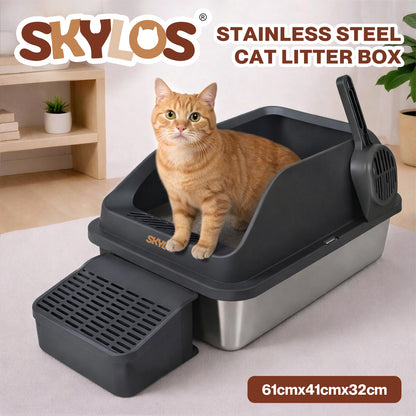Skylos Stainless Steel Cat Litter Box Big Cats Kitten High Sided Easy Clean Grey
