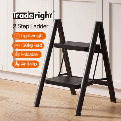 Traderight Small Step Ladder Foldable 150KG Carbon Steel Kitchen Steps Black