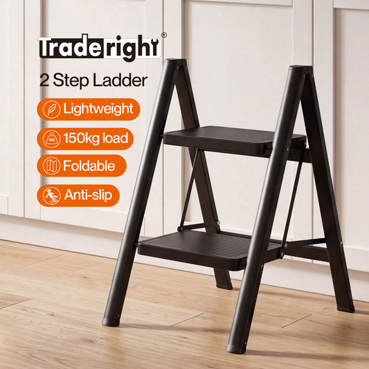 Traderight Small Step Ladder Foldable 150KG Carbon Steel Kitchen Steps Black