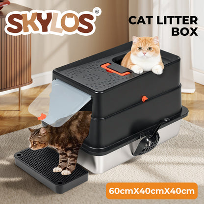 Skylos Cat Litter Box Stainless Steel Large Enclosed Toilet Tray Anti-Splashing