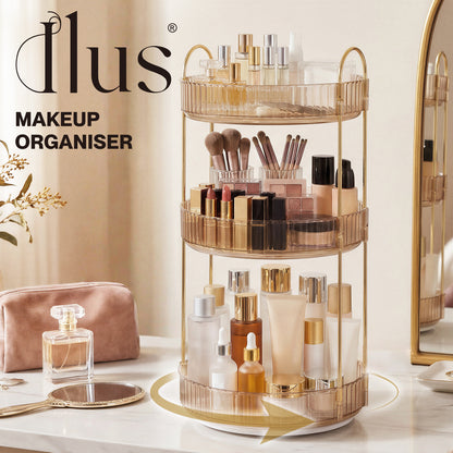 ilus Makeup Organiser 360 Rotating Spinning 3 Tiers Cosmetic Organizer Gold