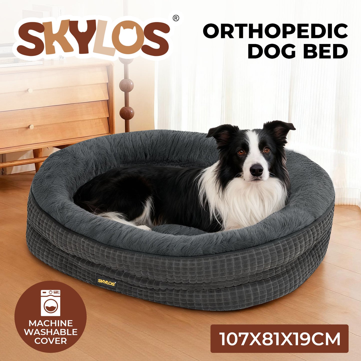Skylos Orthopedic Plush Dog Bed Soft Washable Pet Bed Grey Cosy Cushion XL Size