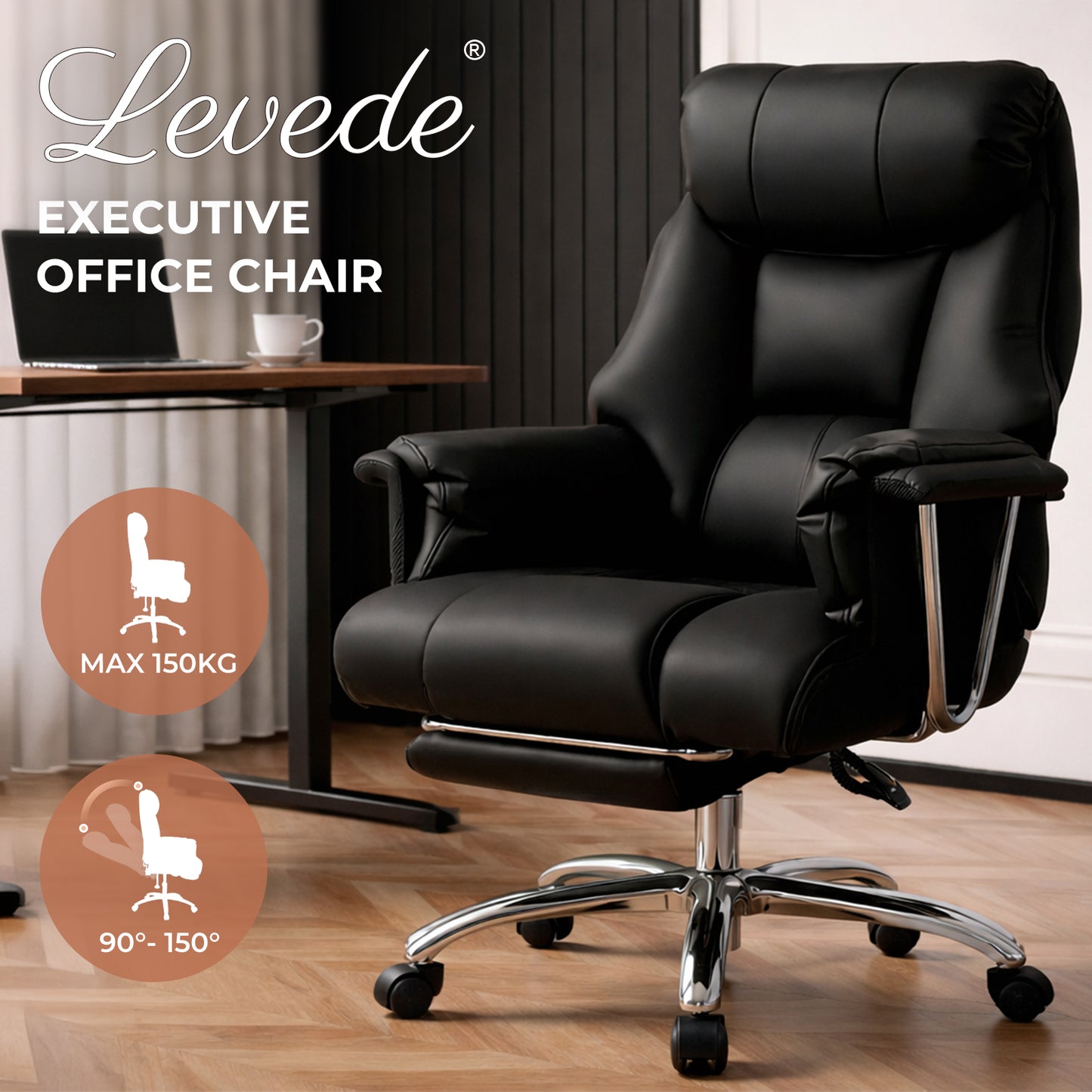 Executive Office Chair Heavy Duty Wide Spring Cushion Recliner Footrest 150kg