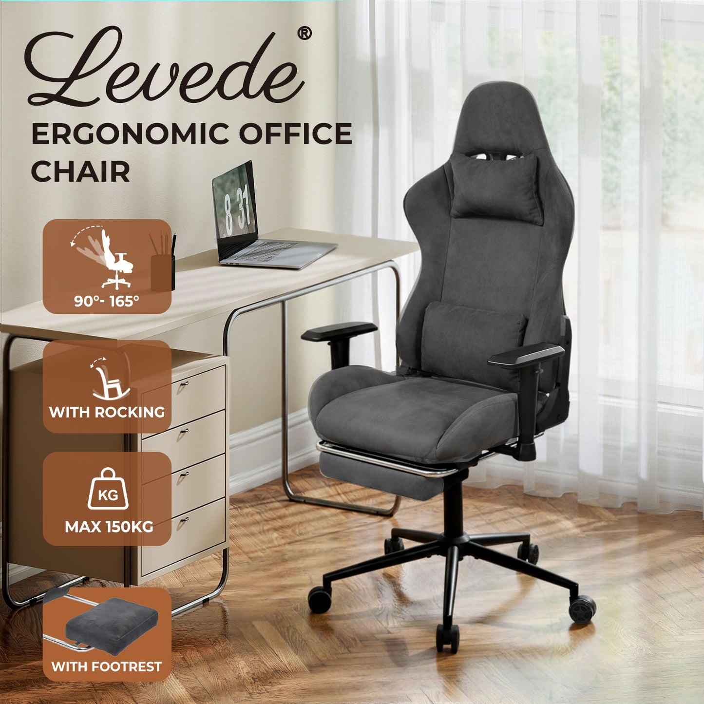 Levede Ergonomic Office Chair 165° Reclining Executive Chair Spring Foam Cushion