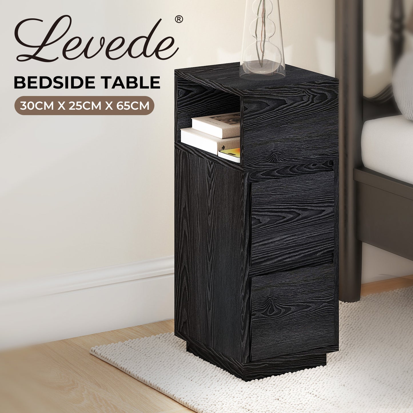 Levede Slim Bedside Table Storage Nightstand with 2 Drawers & Open Shelf Black
