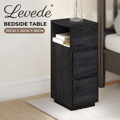 Levede Slim Bedside Table Storage Nightstand with 2 Drawers & Open Shelf Black