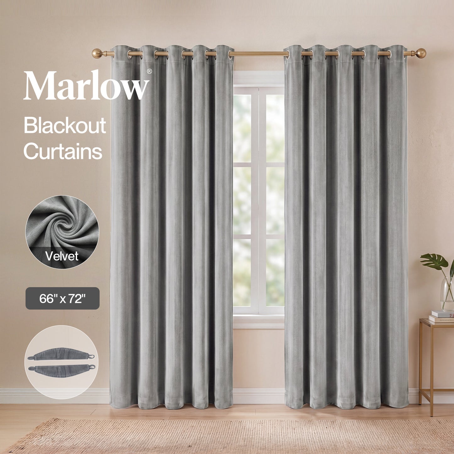 Marlow Thick Thermal Blackout Curtains Velvet 66x72 Inch Eyelet Ring Top Grey