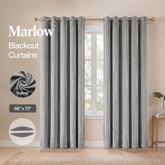 Marlow Thick Thermal Blackout Curtains Velvet 66x72 Inch Eyelet Ring Top Grey