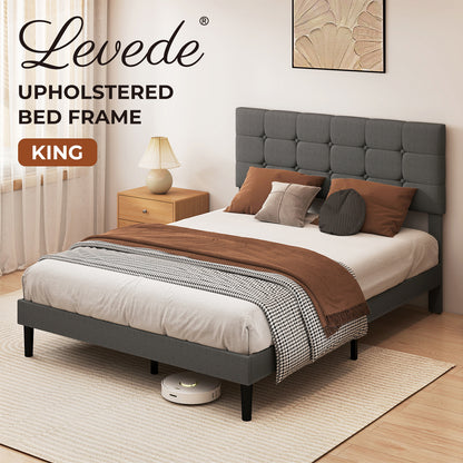 Levede Bed Frame Upholstered Linen Headboard Tufted Wooden Slat King Size Grey