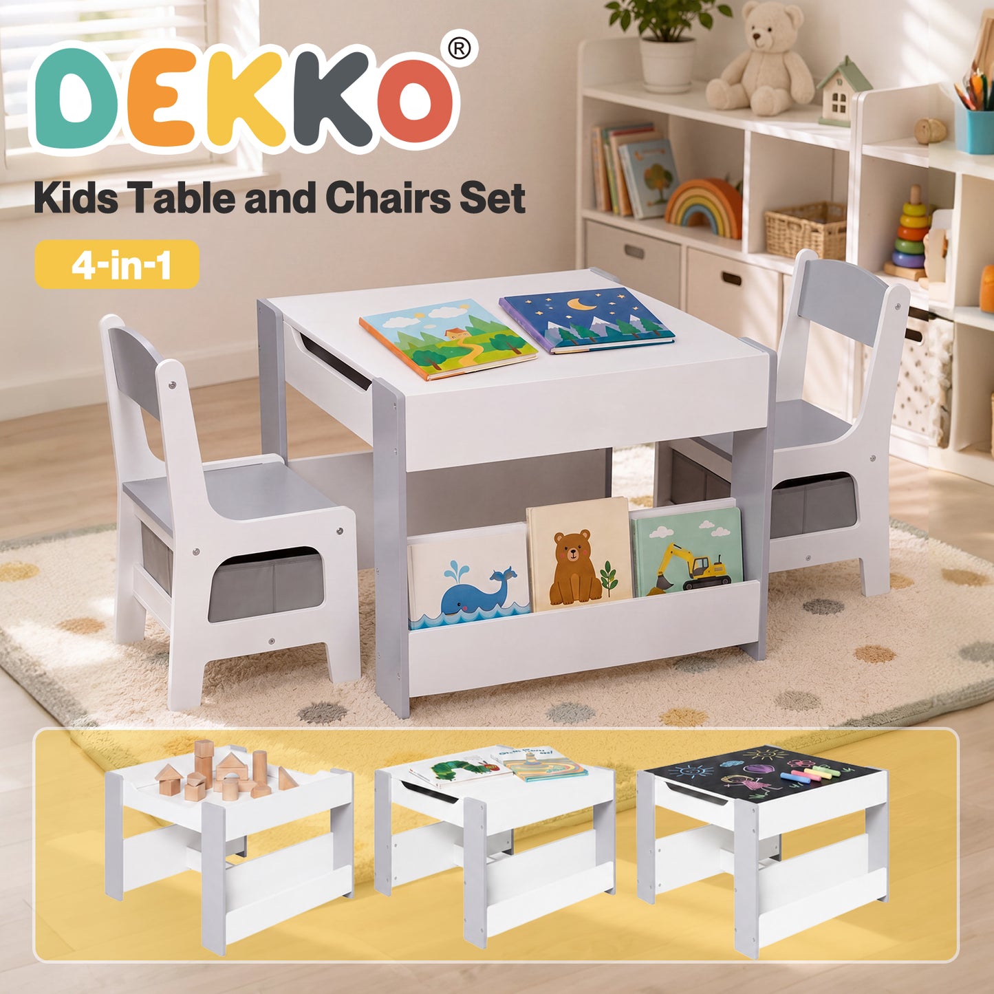 Dekko Kids Table and Chairs Set 2-in-1 Flip Top Storage Activity Play Study Grey