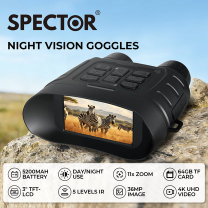 Spector Night Vision Goggles 4K Binoculars 11x Zoom 5200MAH Battery 64GB Card