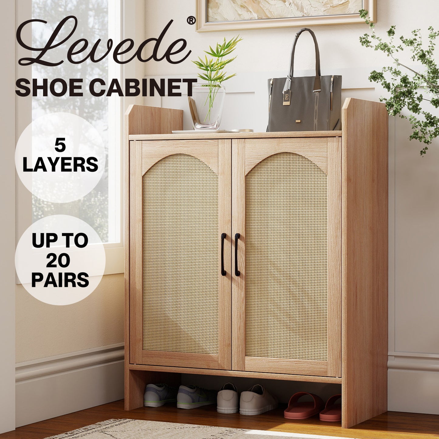 Levede Shoe Cabinet 5-Layer Rattan Wooden Doors Adjustable Entrance Storage