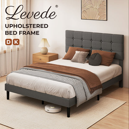 Levede Bed Frame Upholstered Linen Headboard Wooden Slat Double King Size Grey