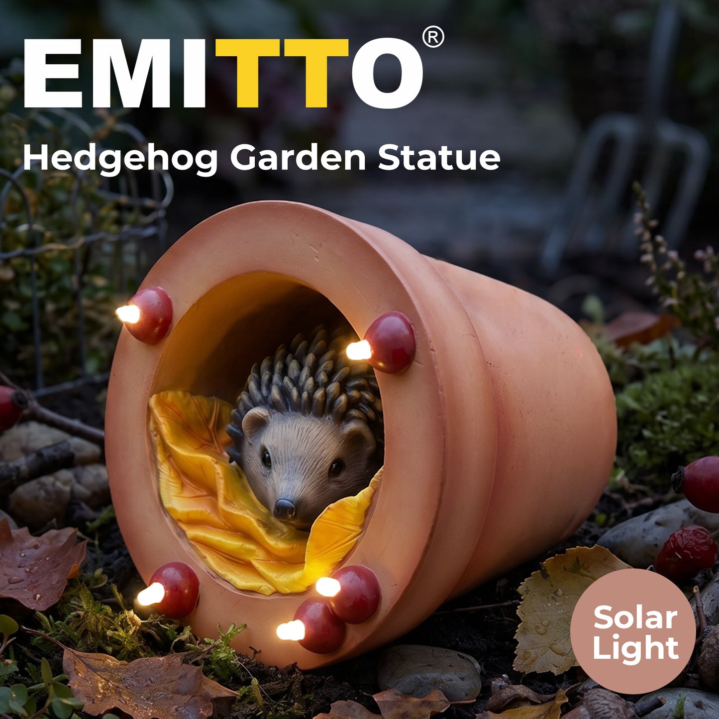 Emitto Garden Ornaments Solar Hedgehog Statue LED Outdoor Decor Patio Brown