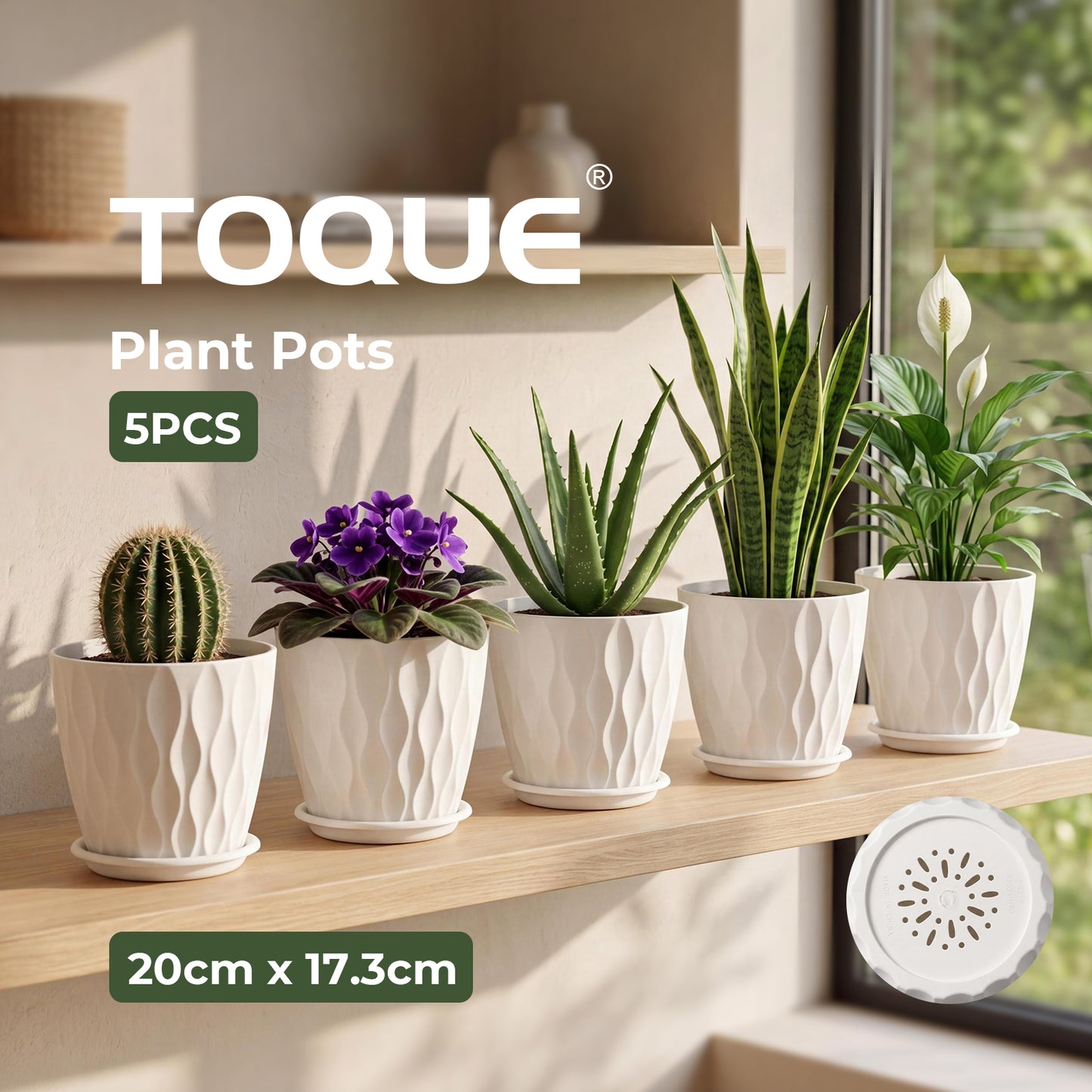TOQUE Plant Pots 5Pc 8 Inch Plant Pots Indoor Drainage PP Plastic White