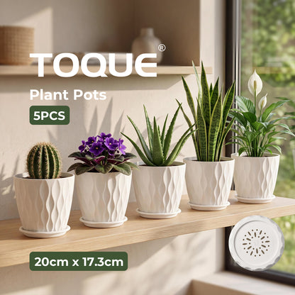 TOQUE Plant Pots 5Pc 8 Inch Plant Pots Indoor Drainage PP Plastic White