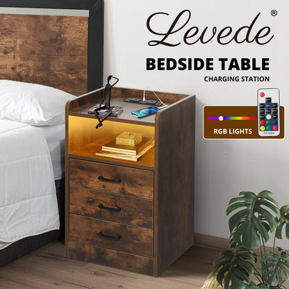 Levede Bedside Table Nightstand USB Charger Outlet RGB LED 3 Drawers Oak